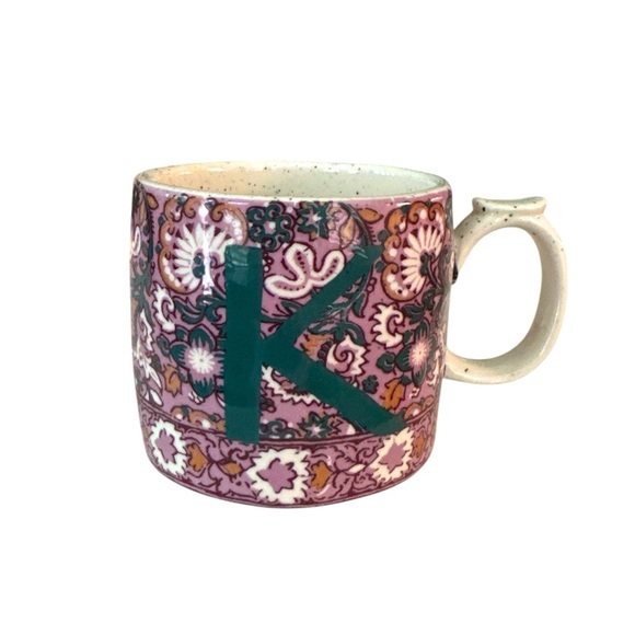 Anthropologie Block Printed Monogram Initial K Purple Green Floral Coffee Mug - Picture 1 of 7